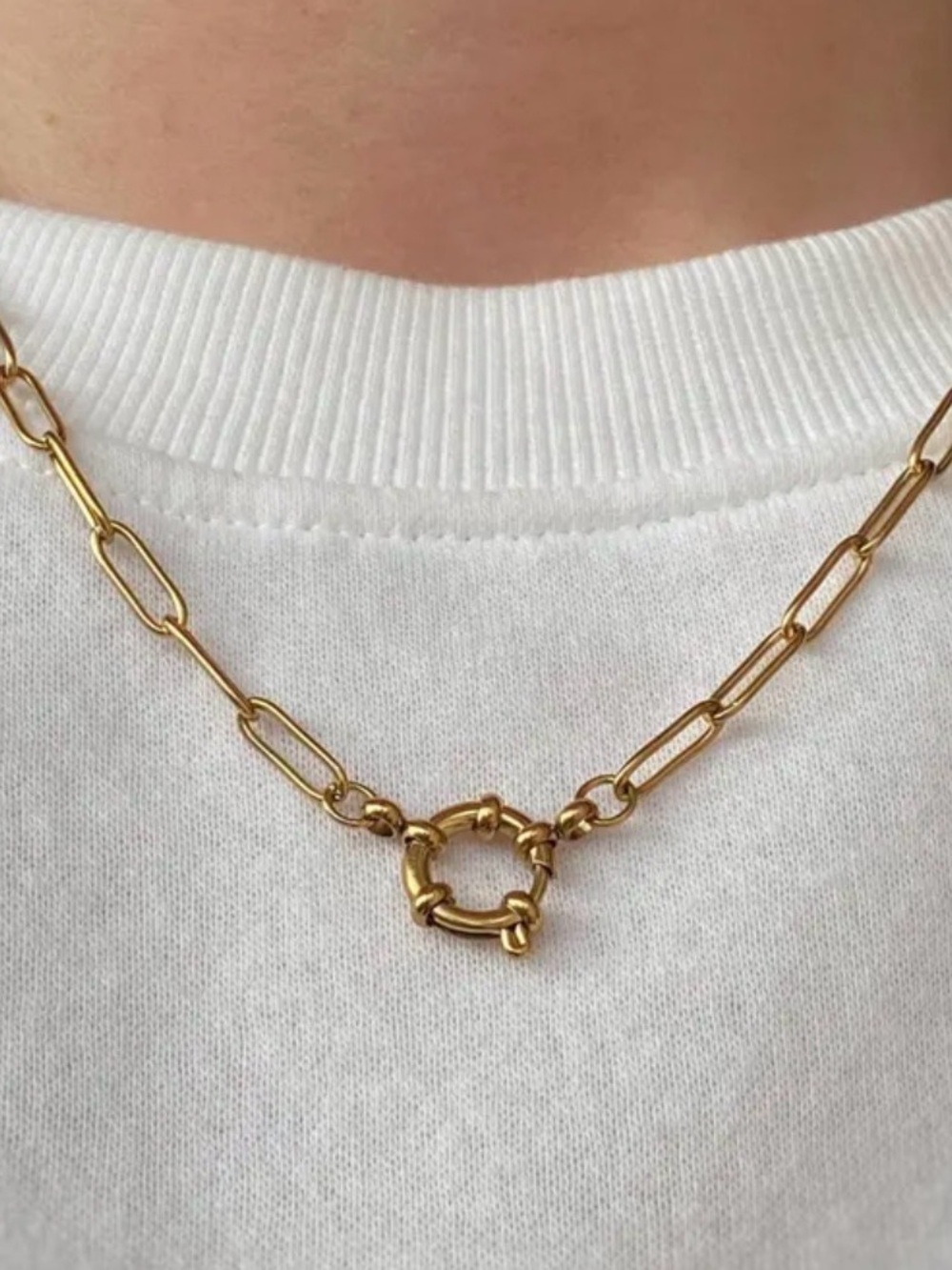 Gold Paperclip Link Necklace with Toggle Clasp Hypoallergenic Tarnish Free